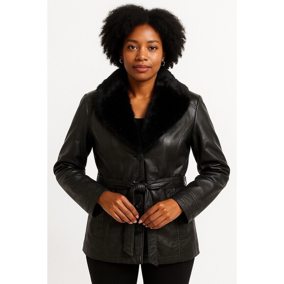 Fur Jackets & Blazers - Genuine Leather Black Belted Vintage Jacket Faux Fur Collar Coat Women SZ Small